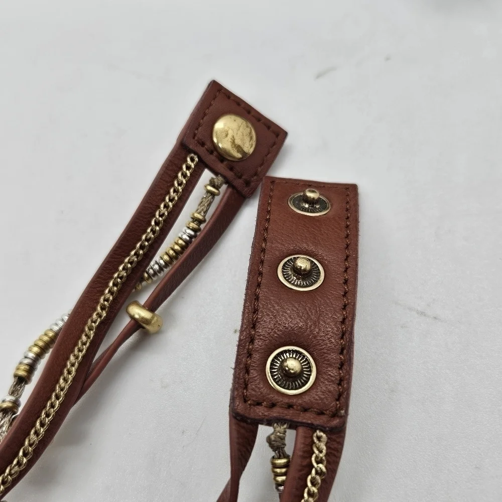 Stella & Dot brown faux leather wrap bracelet with gold and silver metal accents